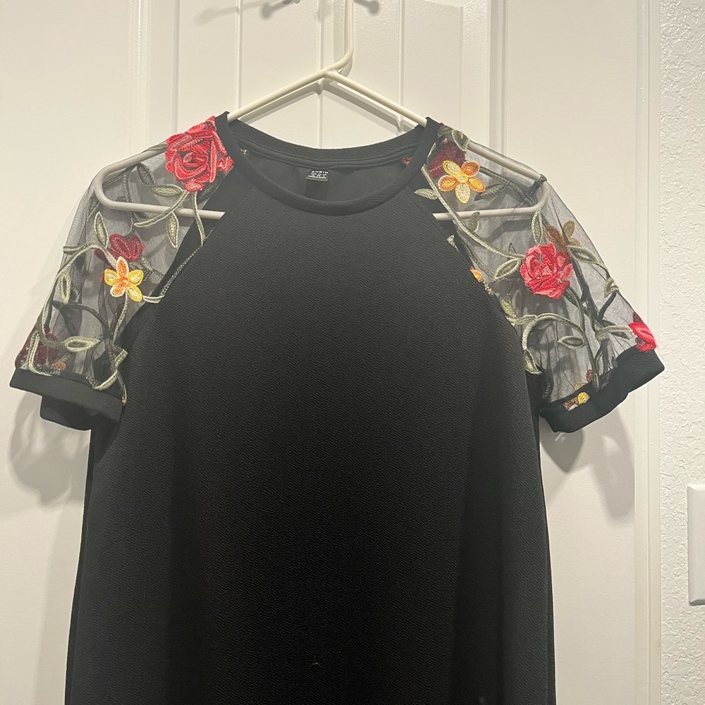 Floral Embroidery Contrast Mesh Raglan Sleeve Dress Size M - Picture 6 of 8